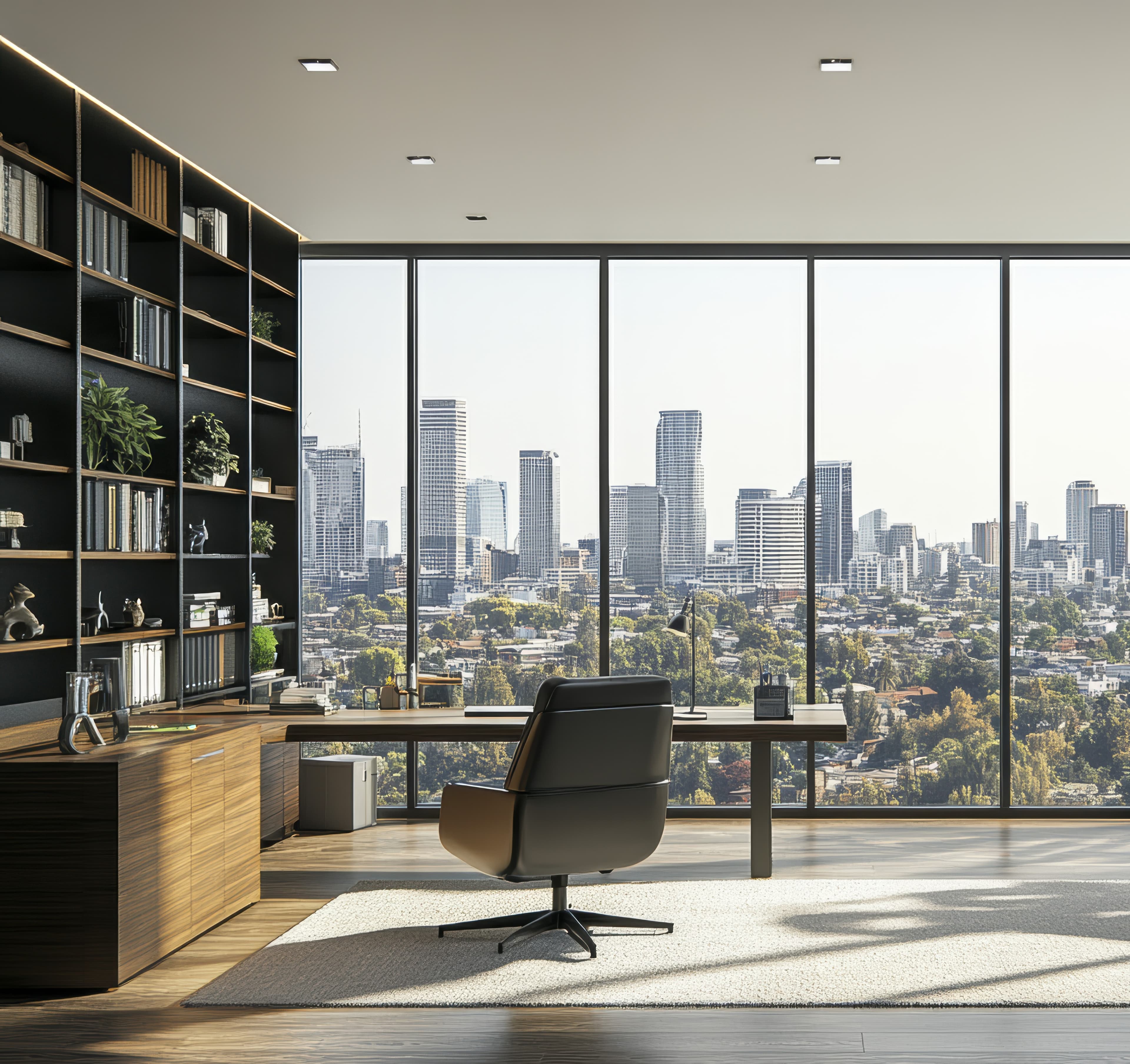 Enterprise boardroom overlooking city skyline